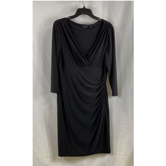 Ralph Lauren Women's Black Ruched Vneck Knee Ruched Dress Size 14 EUC - Picture 2 of 8
